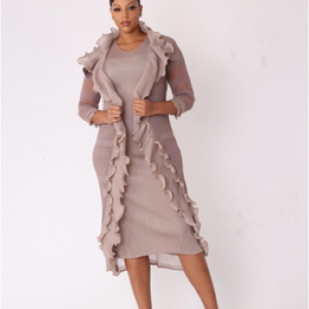 0981. Elegant Sleeveless Dress with Sheer Ruffled Overlay